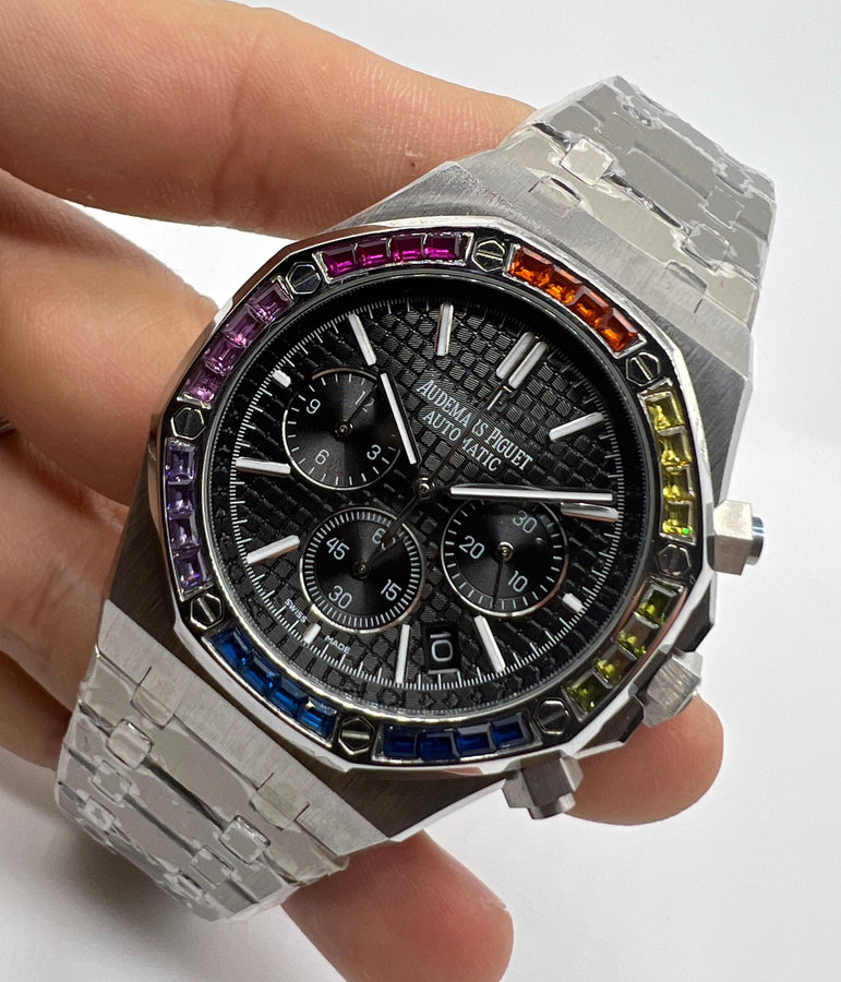 Audemars Piguet R.O. Aço Mostrador Preto Bezel Pedras Pulseira Aço