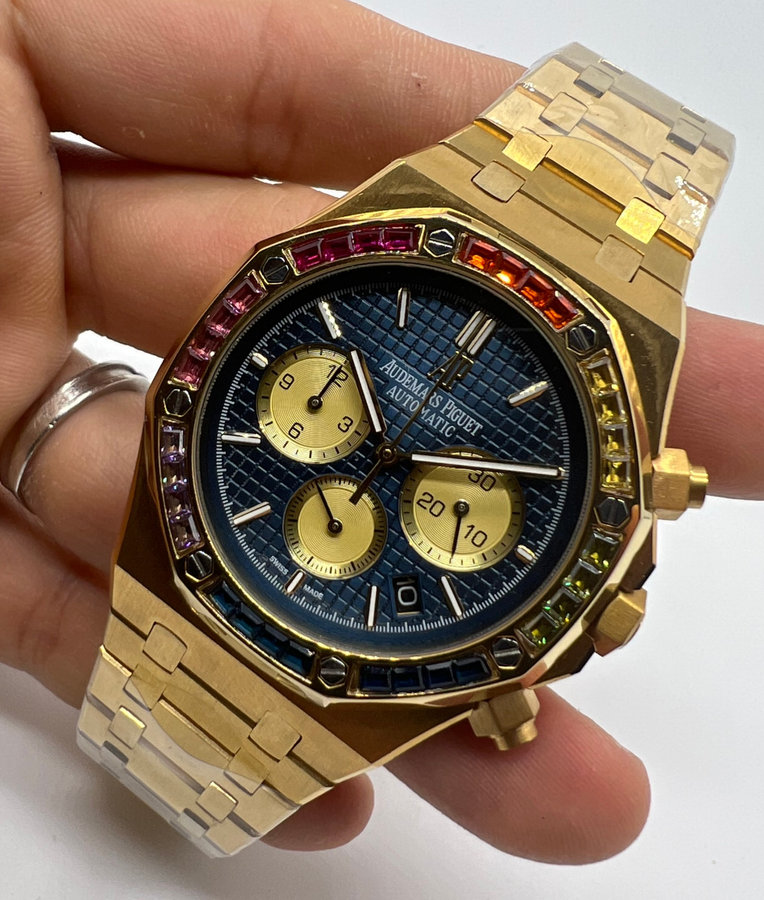 Audemars Piguet R.O. Dourado Mostrador Azul Bezel Pedras