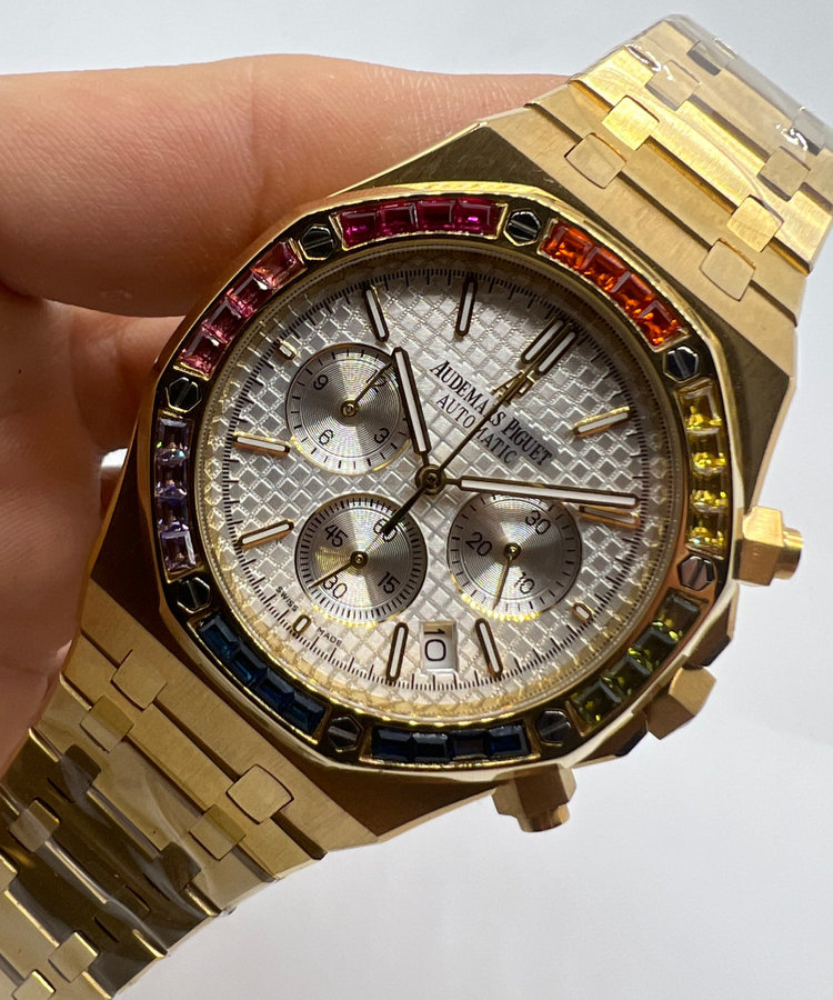 Audemars Piguet R.O. Dourado Mostrador Branco Bezel Pedras