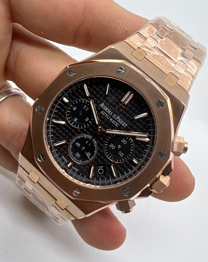 Audemars Piguet R.O. Dourado Mostrador Preto Bezel Rose Pulseira Rose
