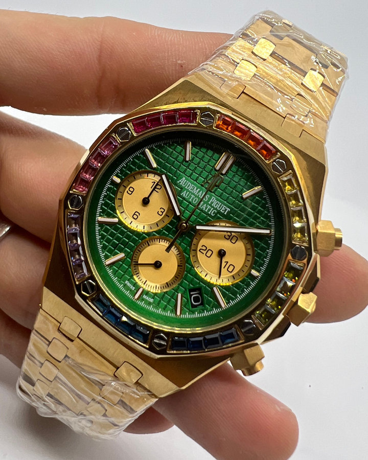 Audemars Piguet R.O. Dourado Mostrador Verde Bezel Pedras
